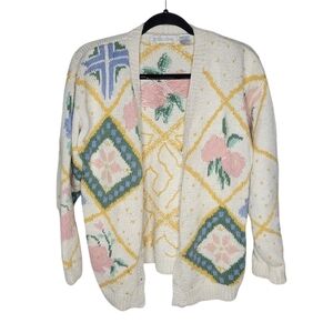 Vintage 90s Heirlooms Hand Knit Floral Argyle Sweater Cardigan Size Medium